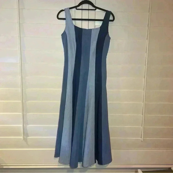 Farm Rio Anthropologie Midi Dress XS 0 2 Colorblock Denim Stripe Chambray $278 - Picture 4 of 10